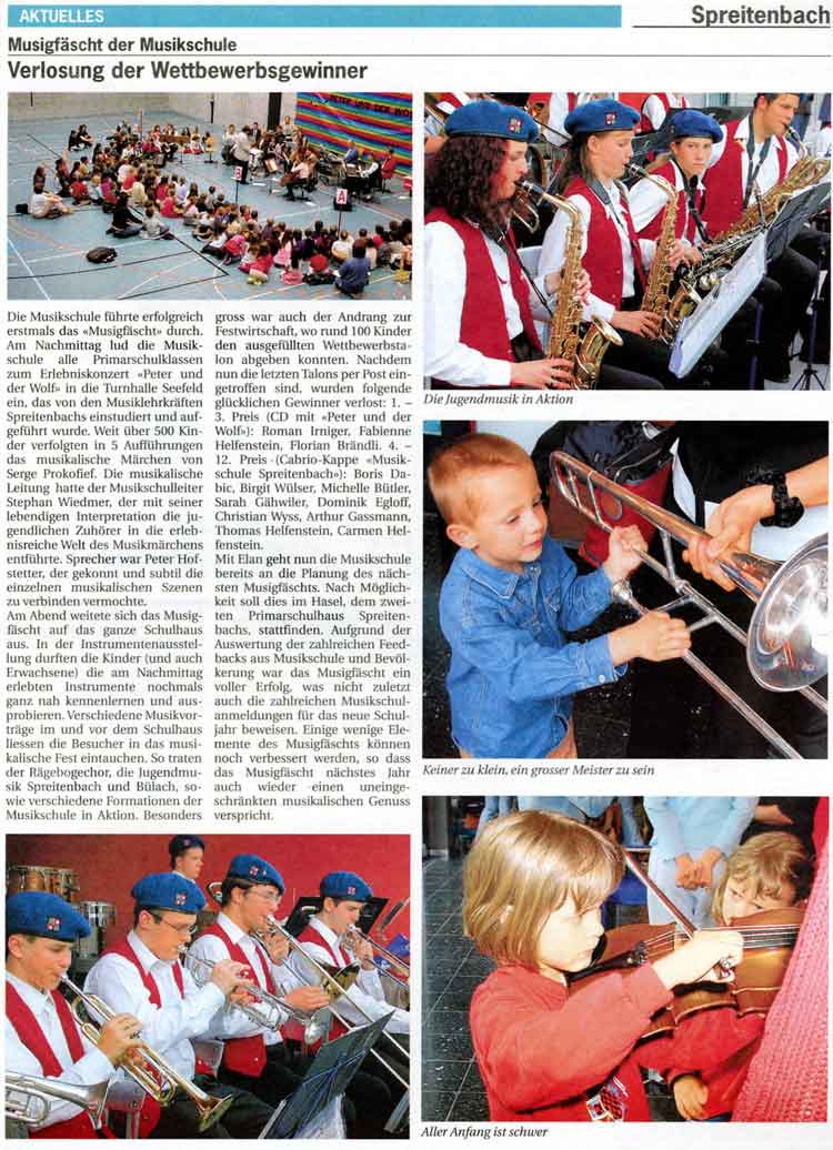 Zeitungsbericht �ber das Musigf�scht 2003 der Musikschule Spreitenbach in der Limmatwelle am 13. Juni 2003